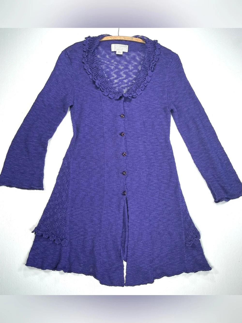 Yumi Diseños Y2K Purple Knit Duster Cardigan Crochet Cotton Sweater M/L Bolivia